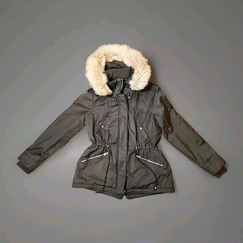 Zara‎ Trafaluc Outerwear Women's Hooded L Jacket Coat Faux Fur Trim Leather Coat